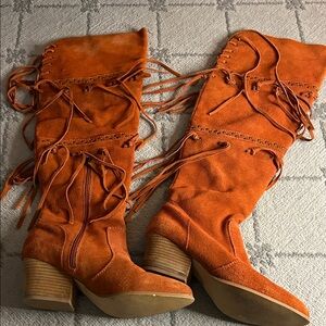 Anthropologie Mojo Moxy Rust Orange Lace-Up Suede Boots READ